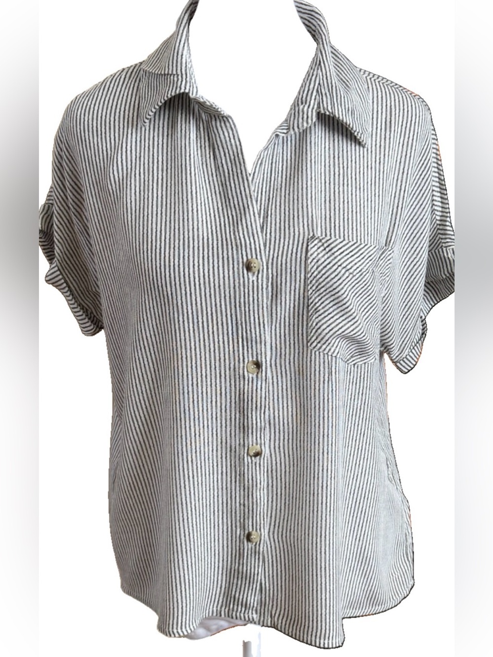 SIM & SAM ANTHROPOLOGIE Gray & White Engineer Stripe Button Front Blouse Small